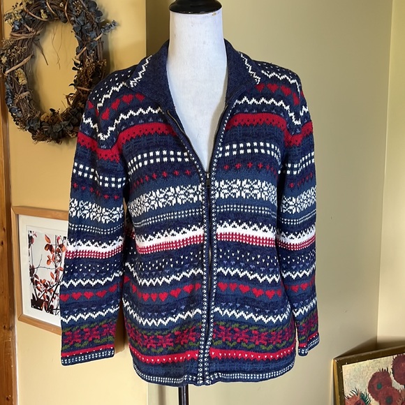 Vtg TIARA Size Small Graphic Knit Ski Winter Zip-Front Cardigan Ramie Cotton - Picture 2 of 12